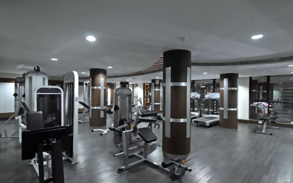 Gymnasium with strength machines and treadmills around veneer columns banded in stainless steel on dark plank flooring