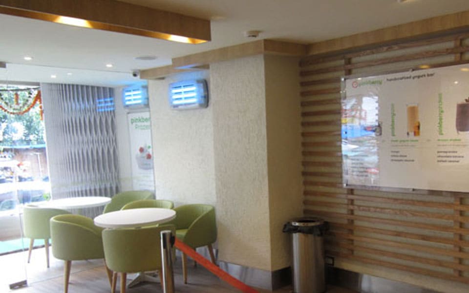 Entrance-side seating with olive chairs, a textured stone pier and a batten wall carrying the menu