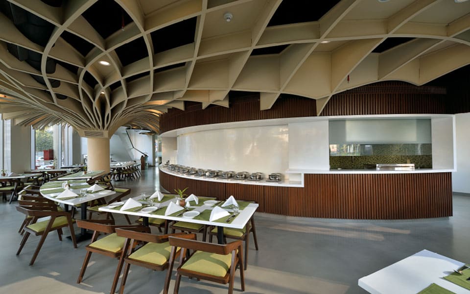 Curved buffet counter in white solid surface over dark walnut battens, with a glazed show kitchen behind