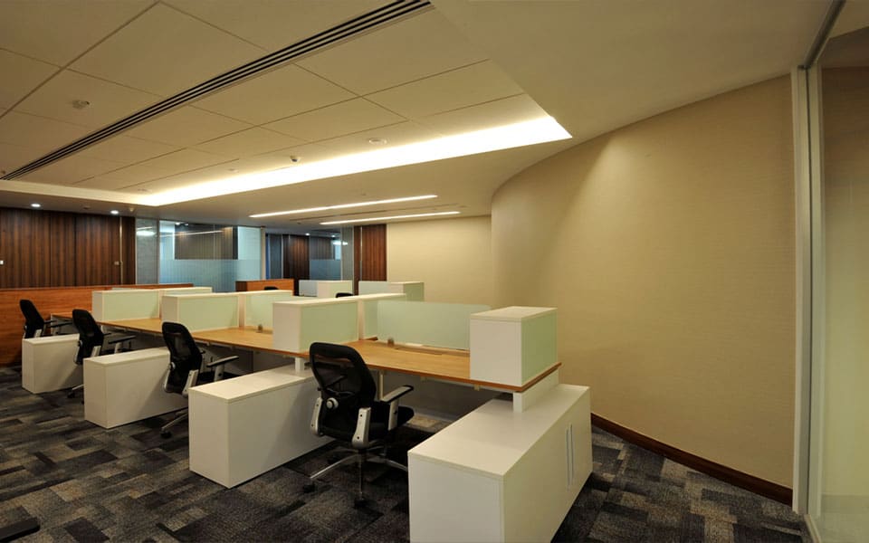 Workstations beside a sweeping curved wall in textured sand wallcovering, tracked by a curved cove light